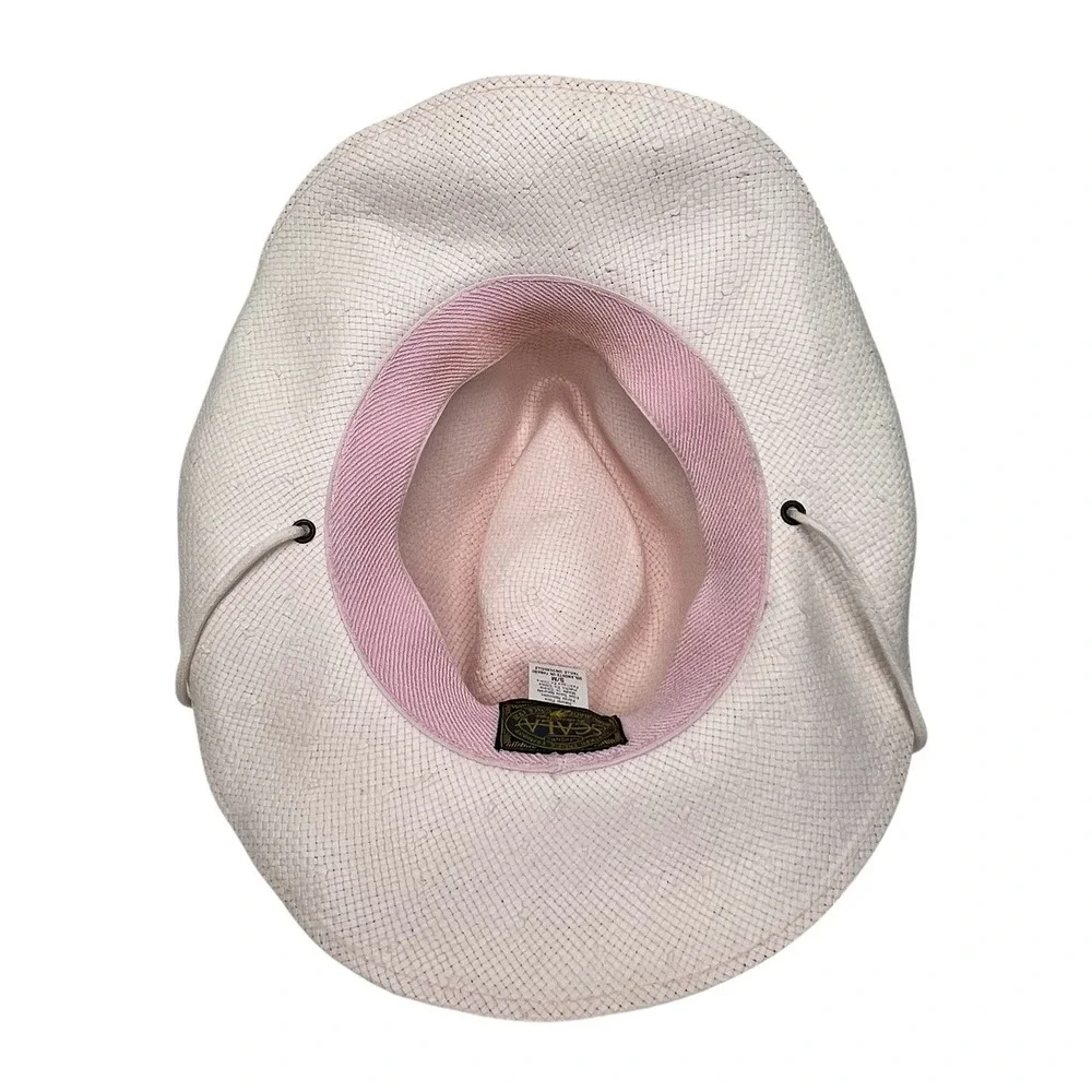 Scala Women's Pink Cowgirl Western Straw Hat Pearls & Stones & Wire Brim Sz S/M